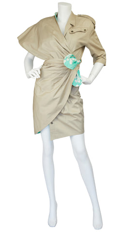1990 S/S Safari Khaki Cotton Asymmetrical Wrap Dress