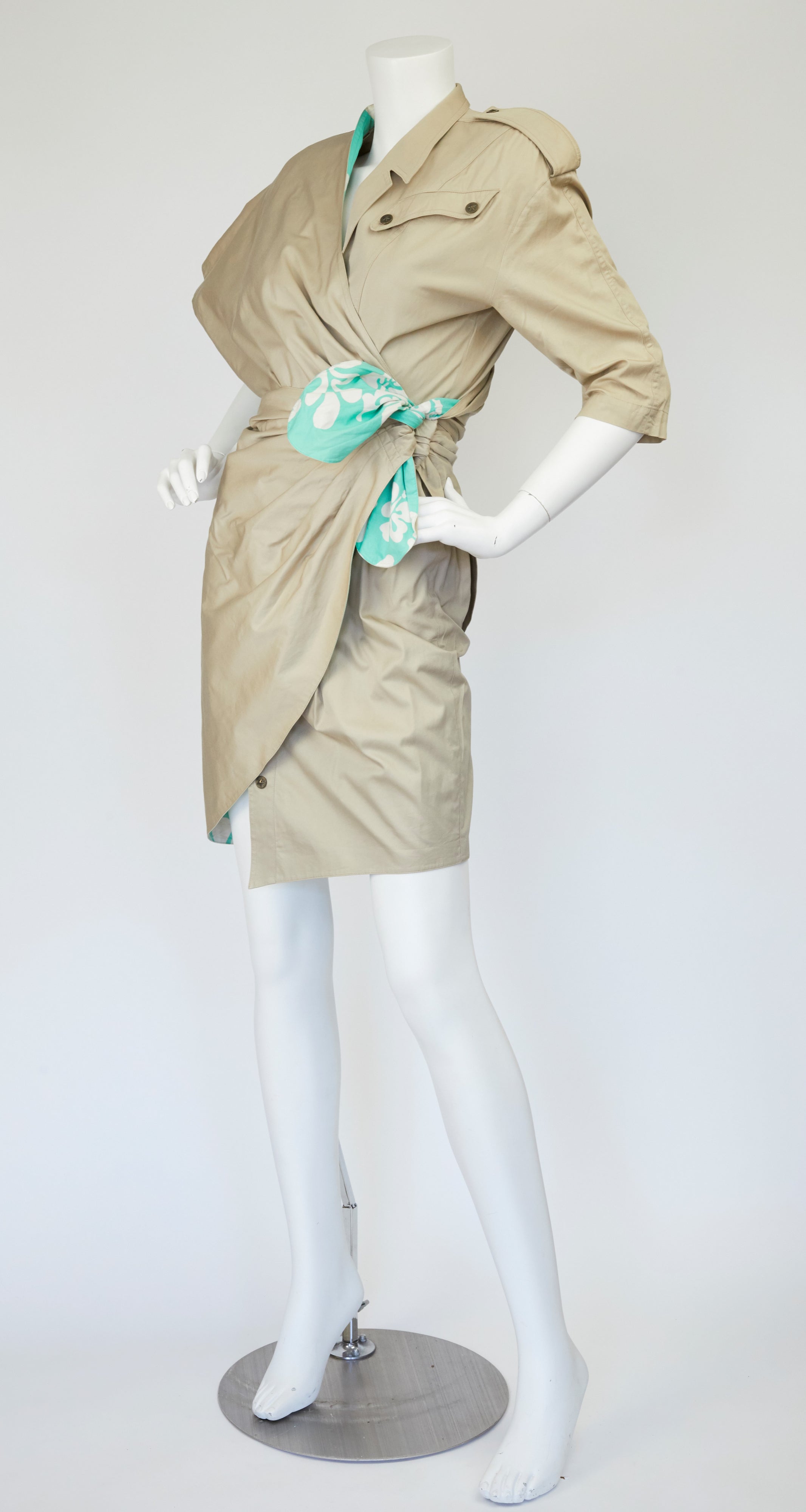 1980s Safari Khaki Cotton Asymmetrical Wrap Dress