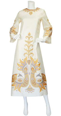 1960s Bird Print Cream Thai Silk Caftan Maxi Dress