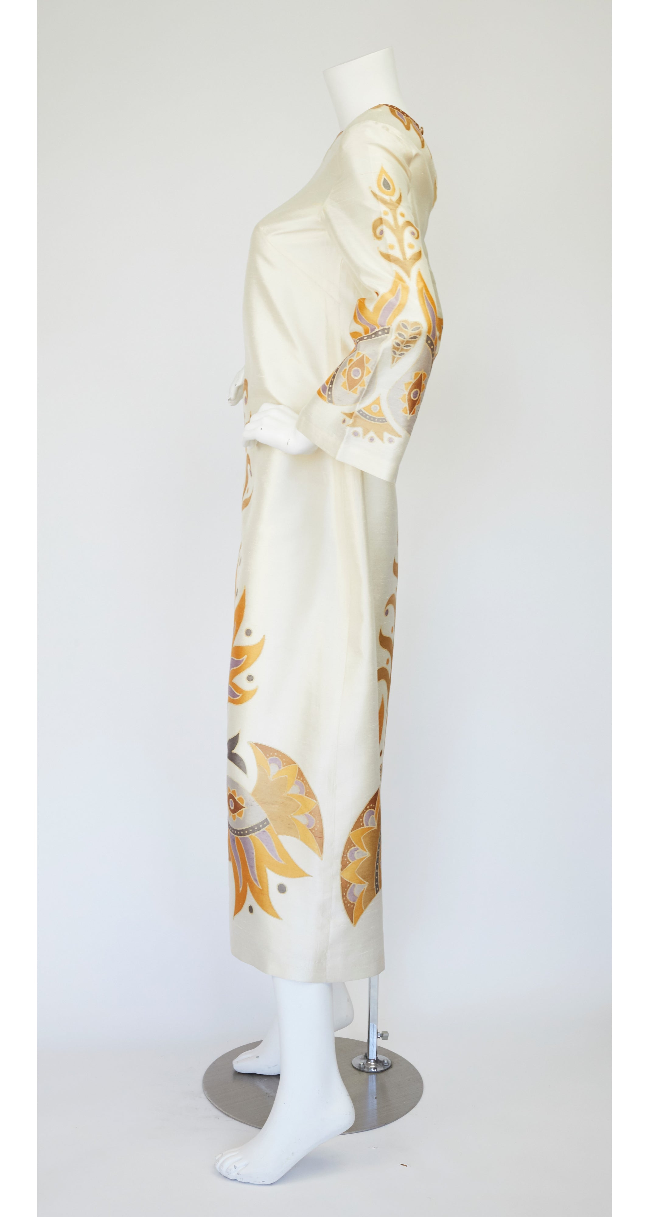 1960s Bird Print Cream Thai Silk Caftan Maxi Dress