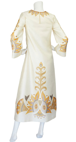1960s Bird Print Cream Thai Silk Caftan Maxi Dress
