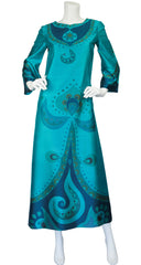 1960s Teal Printed Thai Silk Caftan Maxi Dress