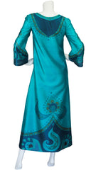 1960s Teal Printed Thai Silk Caftan Maxi Dress