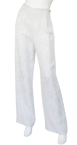 1980s Rhinestone Button Silver Silk Brocade Pant Suit