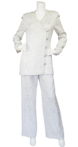 1980s Rhinestone Button Silver Silk Brocade Pant Suit