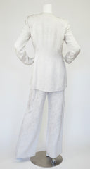 1980s Rhinestone Button Silver Silk Brocade Pant Suit