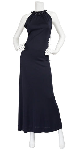1971 Loris Azzaro Design Black Beaded Macrame Jersey Gown