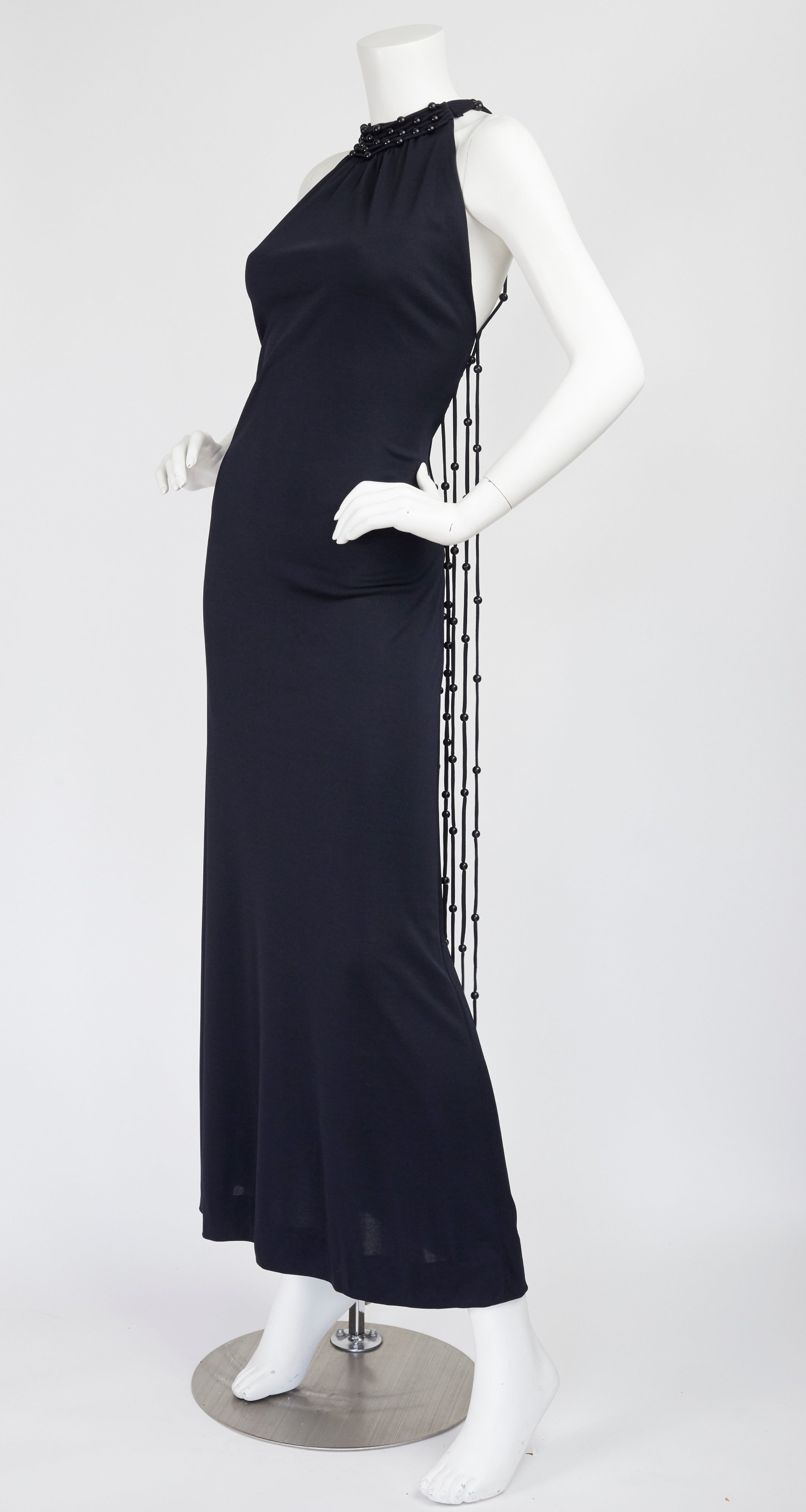 1971 Loris Azzaro Design Black Beaded Macrame Jersey Gown