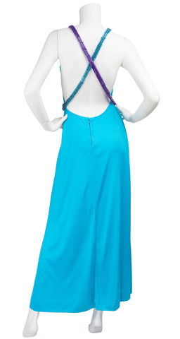 1970s Purple & Blue Metallic Jersey Backless Gown