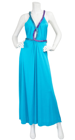 1970s Purple & Blue Metallic Jersey Backless Gown