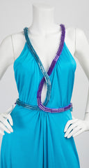 1970s Purple & Blue Metallic Jersey Backless Gown