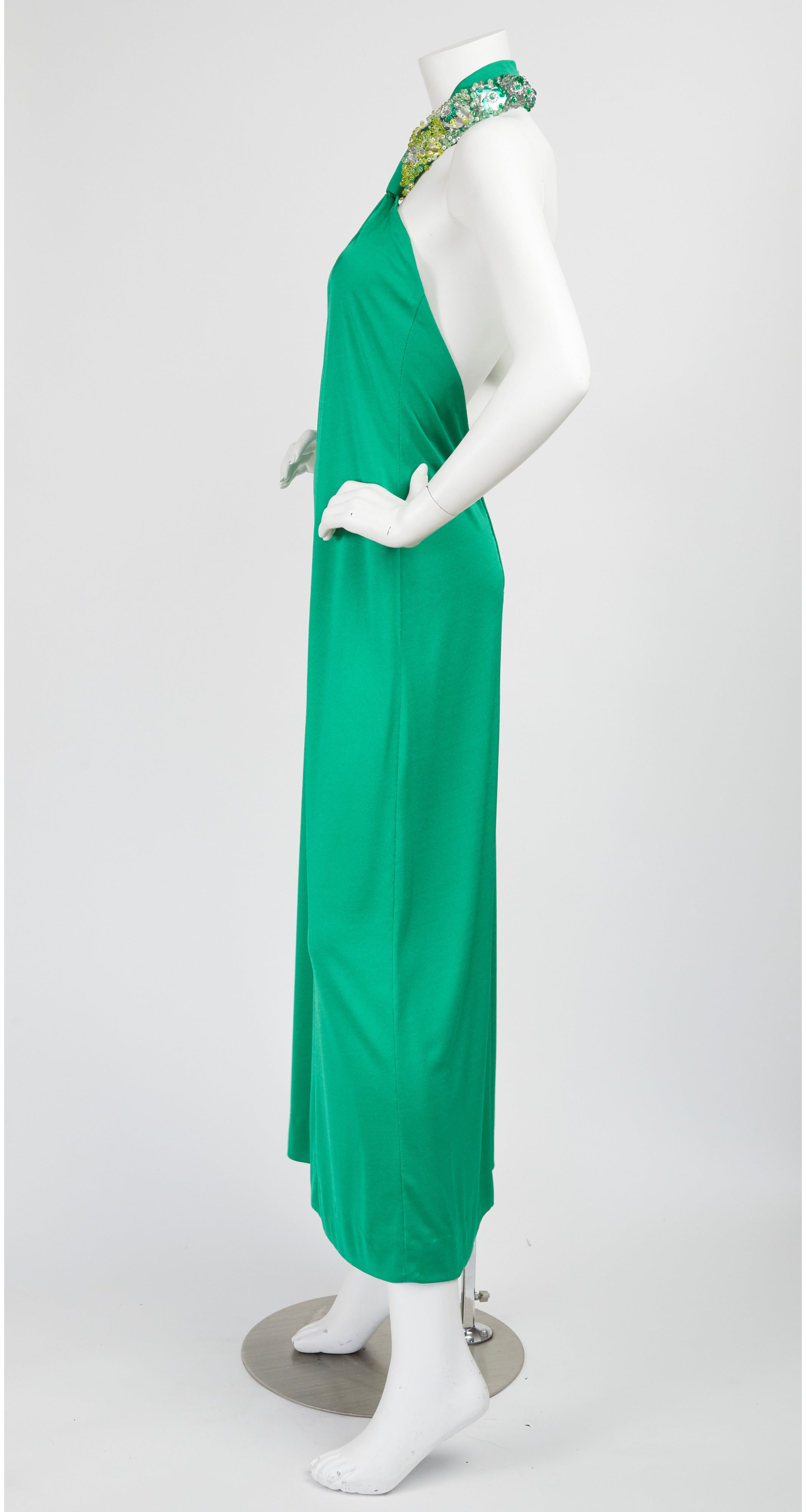 1970s Beaded Collar Green Jersey Backless Gown