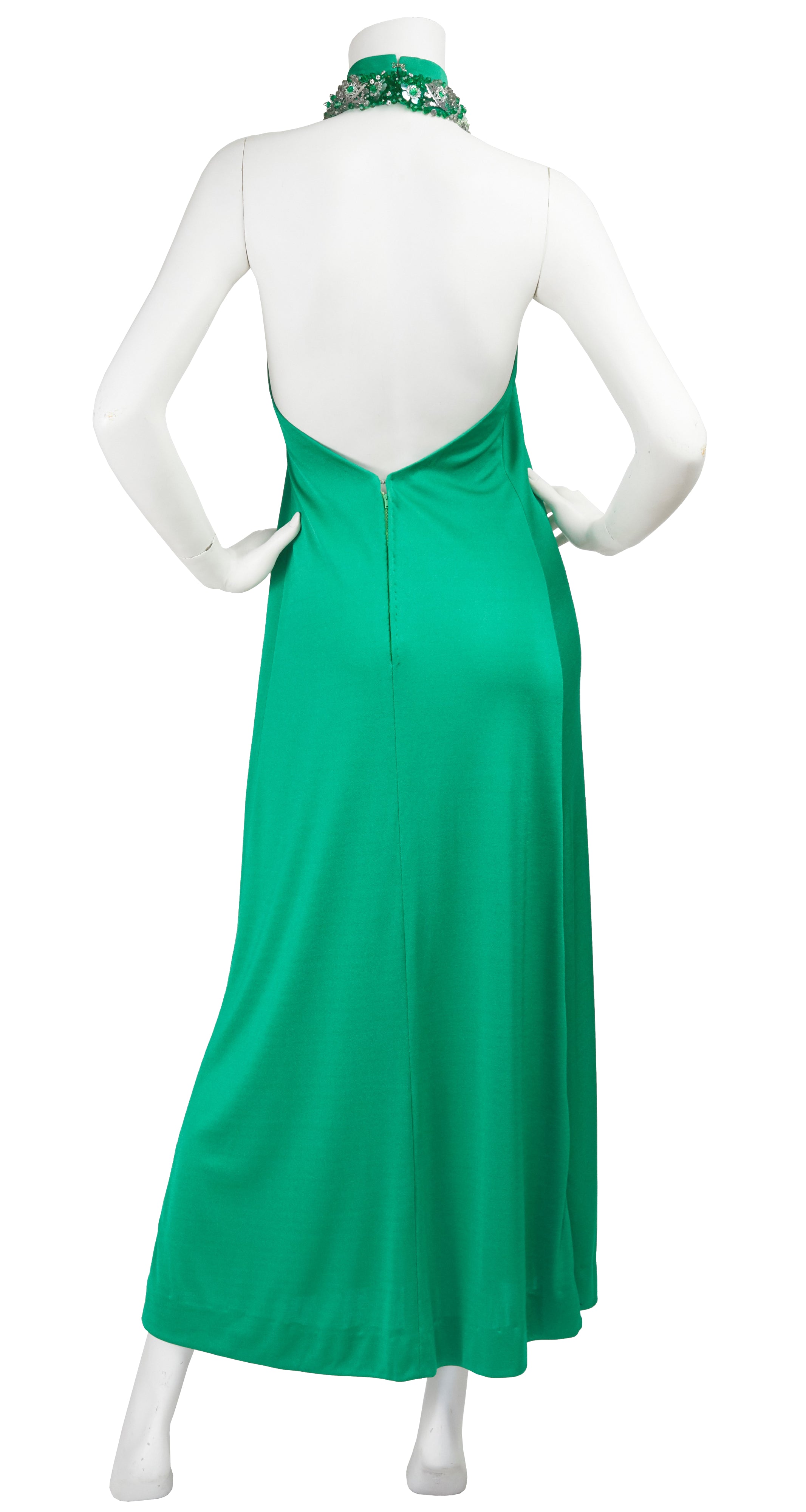 Denise Bonan 1970s Beaded Collar Green Jersey Backless Gown Featherstone Vintage Denise Bonan 1970s Beaded Collar Green Jersey Backless Gown Featherstone Vintage