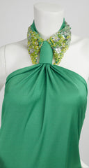 1970s Beaded Collar Green Jersey Backless Gown