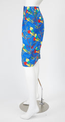 c. 1980 Microphone Novelty Print Blue Cotton Skirt