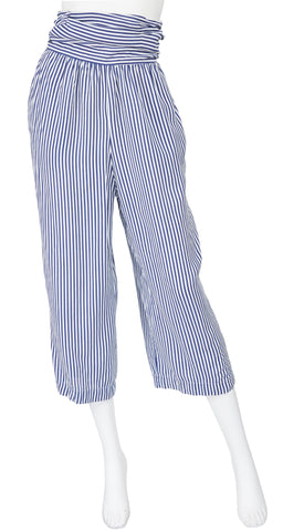 1970s White & Blue Striped Cotton High-Waisted Pants