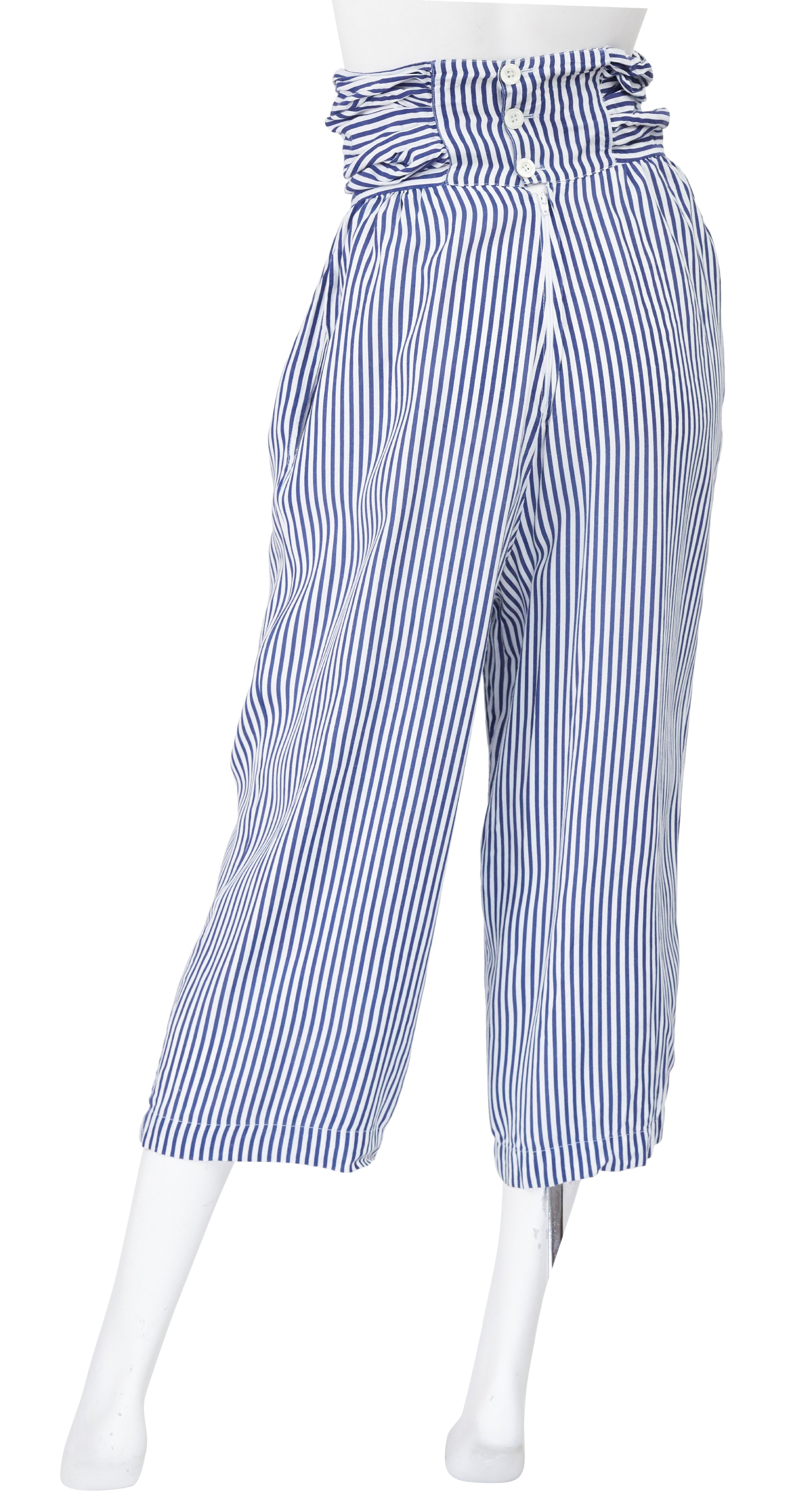 1970s White & Blue Striped Cotton High-Waisted Pants