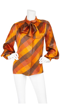 1980s Orange Checkered Silk Balloon Sleeve Blouse