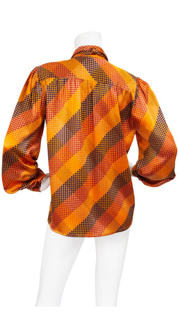 1980s Orange Checkered Silk Balloon Sleeve Blouse