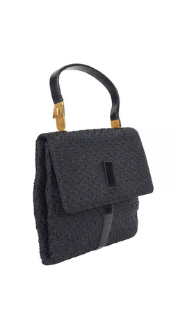 1950s Black Straw & Leather Top-Handle Bag