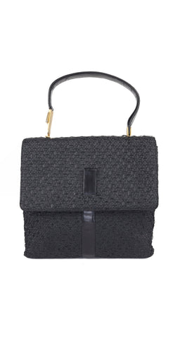 1950s Black Straw & Leather Top-Handle Bag