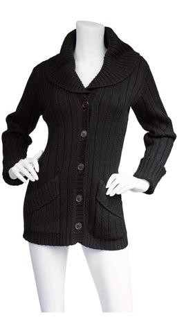 1970s Black Ribbed Wool Collared Cardigan