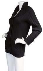 1970s Black Ribbed Wool Collared Cardigan