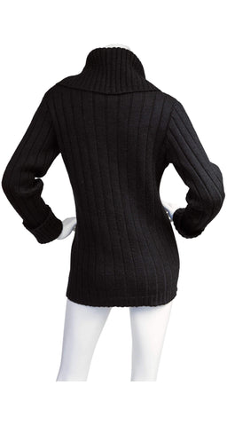 1970s Black Ribbed Wool Collared Cardigan
