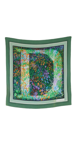 1970s Green "D" Garden Print Silk Scarf