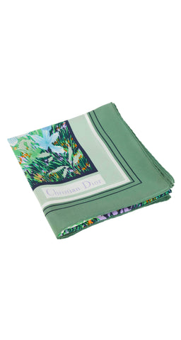 1970s Green "D" Garden Print Silk Scarf