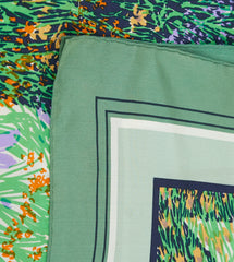 1970s Green "D" Garden Print Silk Scarf