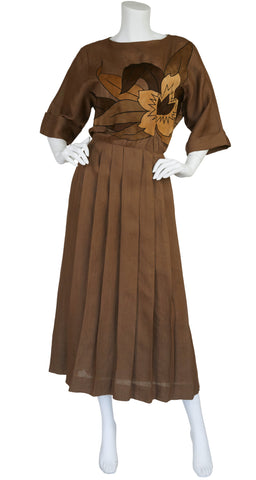 1980s Floral Suede Applique & Linen Pleated Dress