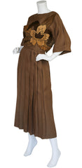1980s Floral Suede Applique & Linen Pleated Dress