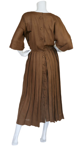 1980s Floral Suede Applique & Linen Pleated Dress