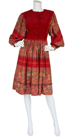 1970s Red Floral and Paisley Cotton Poet Sleeve Dress