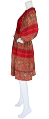 1970s Red Floral and Paisley Cotton Poet Sleeve Dress