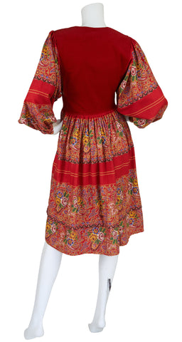 1970s Red Floral and Paisley Cotton Poet Sleeve Dress