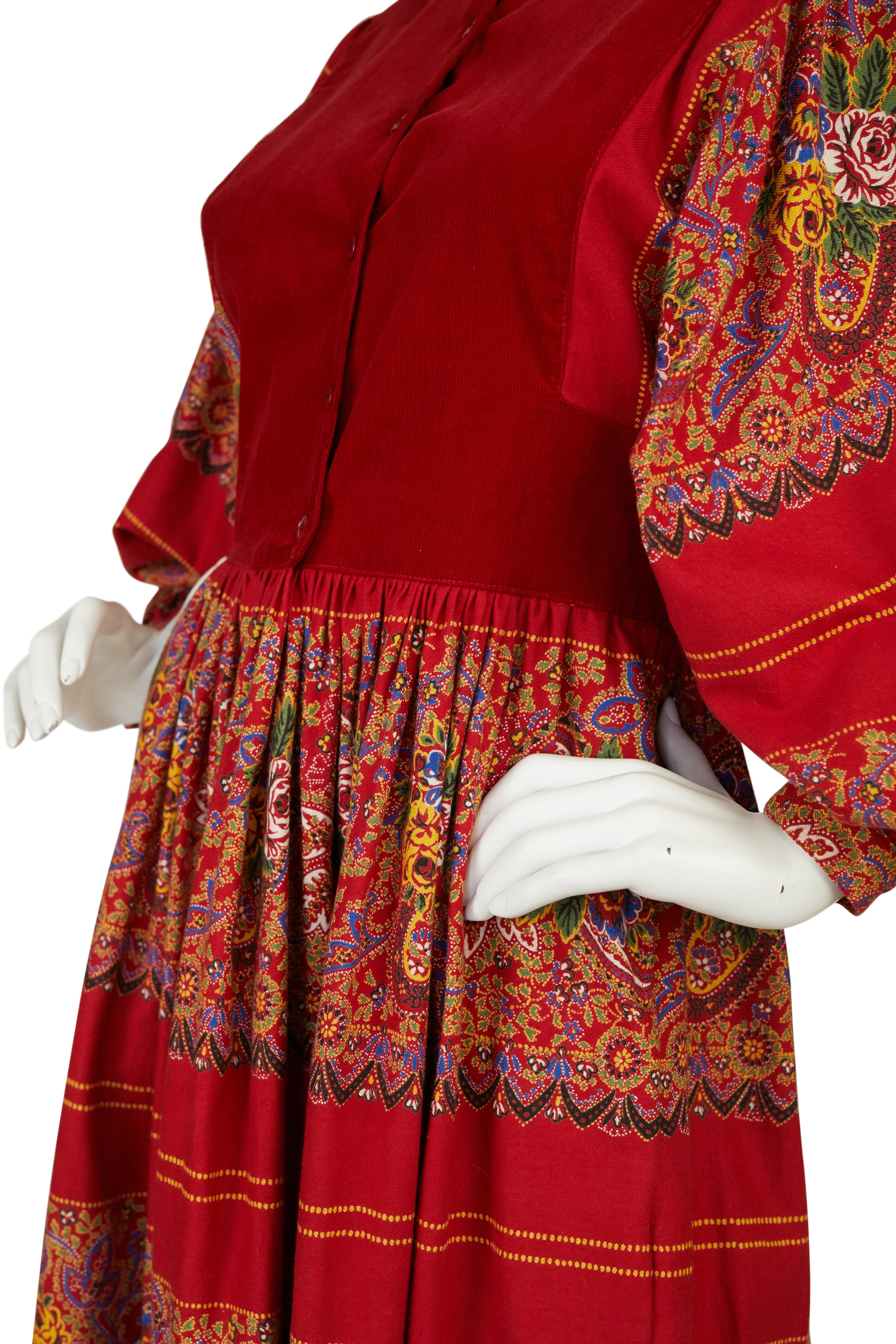 1970s Red Floral and Paisley Cotton Poet Sleeve Dress