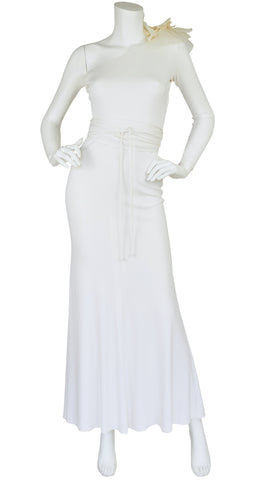 1970s Organza Flower White Jersey One Sleeve Gown