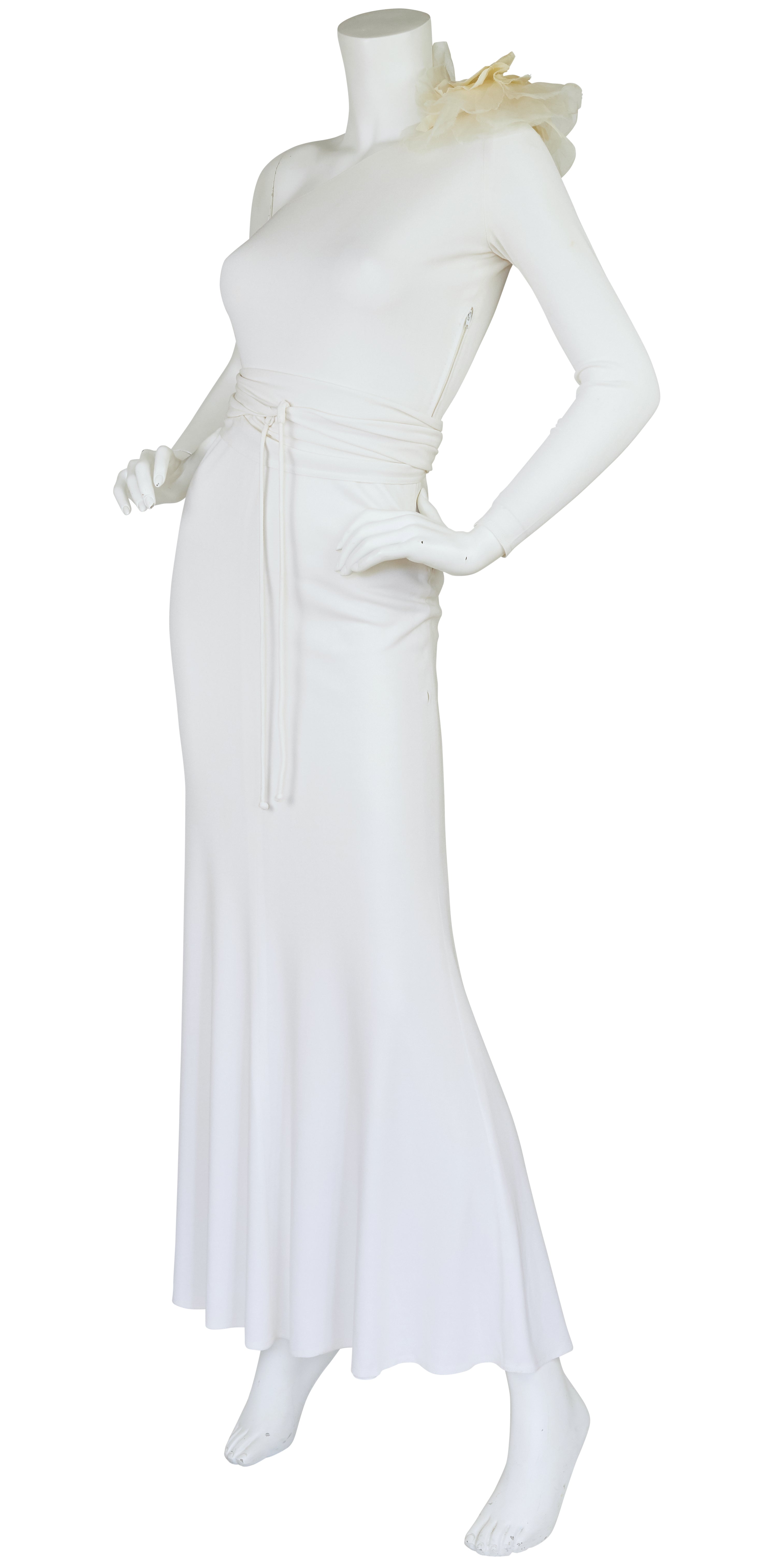 1970s Organza Flower White Jersey One Sleeve Gown