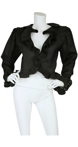 1980s "Parallele" Floral Black Silk Organza Ruffle Jacket