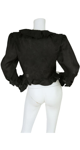 1980s "Parallele" Floral Black Silk Organza Ruffle Jacket