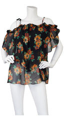1970s Floral Viscose Chiffon Off-Shoulder Blouse
