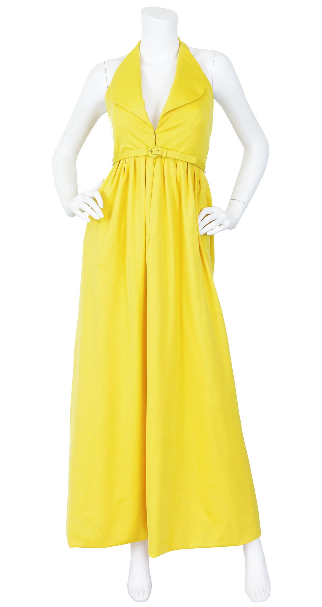 Geoffrey Beene 1960s Canary Yellow Jersey Halter Maxi Dress Featherstone Vintage Geoffrey Beene 1960s Canary Yellow Jersey Halter Maxi Dress Featherstone Vintage