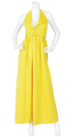 1960s Canary Yellow Jersey Halter Maxi Dress