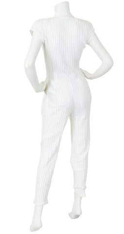 1980s White Satin & Cotton Pinstripe Jumpsuit