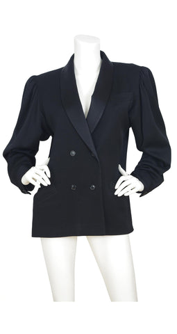 1970s Black Wool & Silk Satin Lapel Tuxedo Jacket