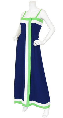 1970s Navy and Green Striped Linen Maxi Dress & Shawl