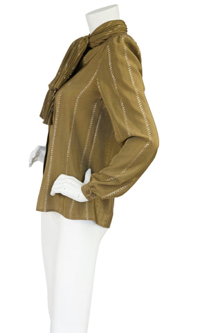 1980s Olive Silk & Gold Metallic Ascot Blouse