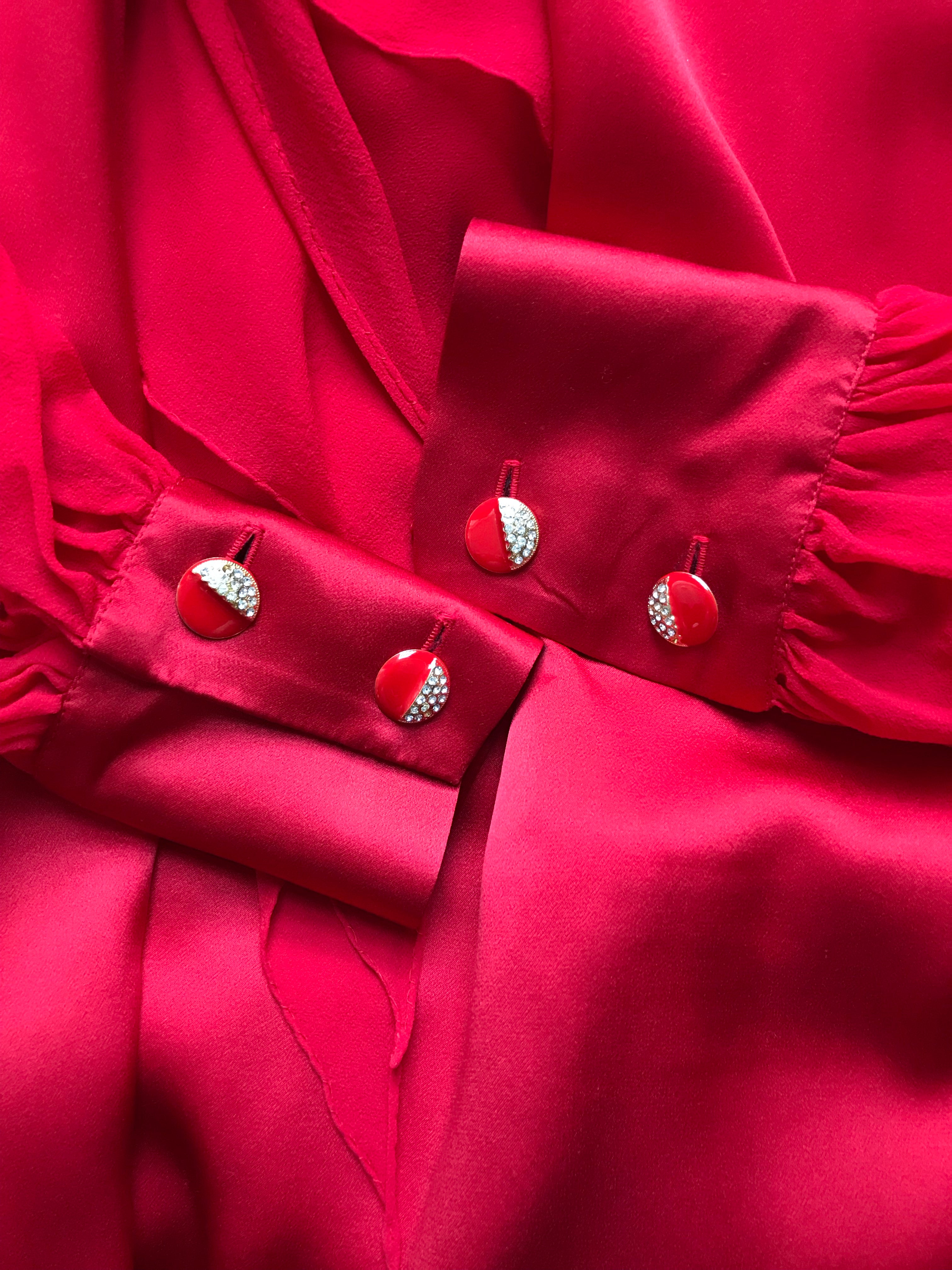 1980s Couture Red Silk Billowing Sleeve Dress
